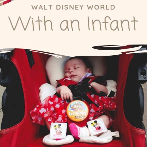infant in red stroller with caption reading Walt Disney World with an infant