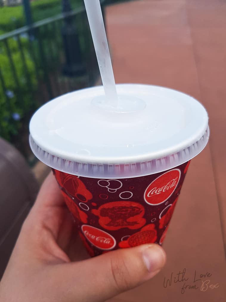 red cup with disney world images on it being held by woman
