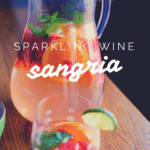 pinnable photo of a glass filled with fresh fruits and sangria