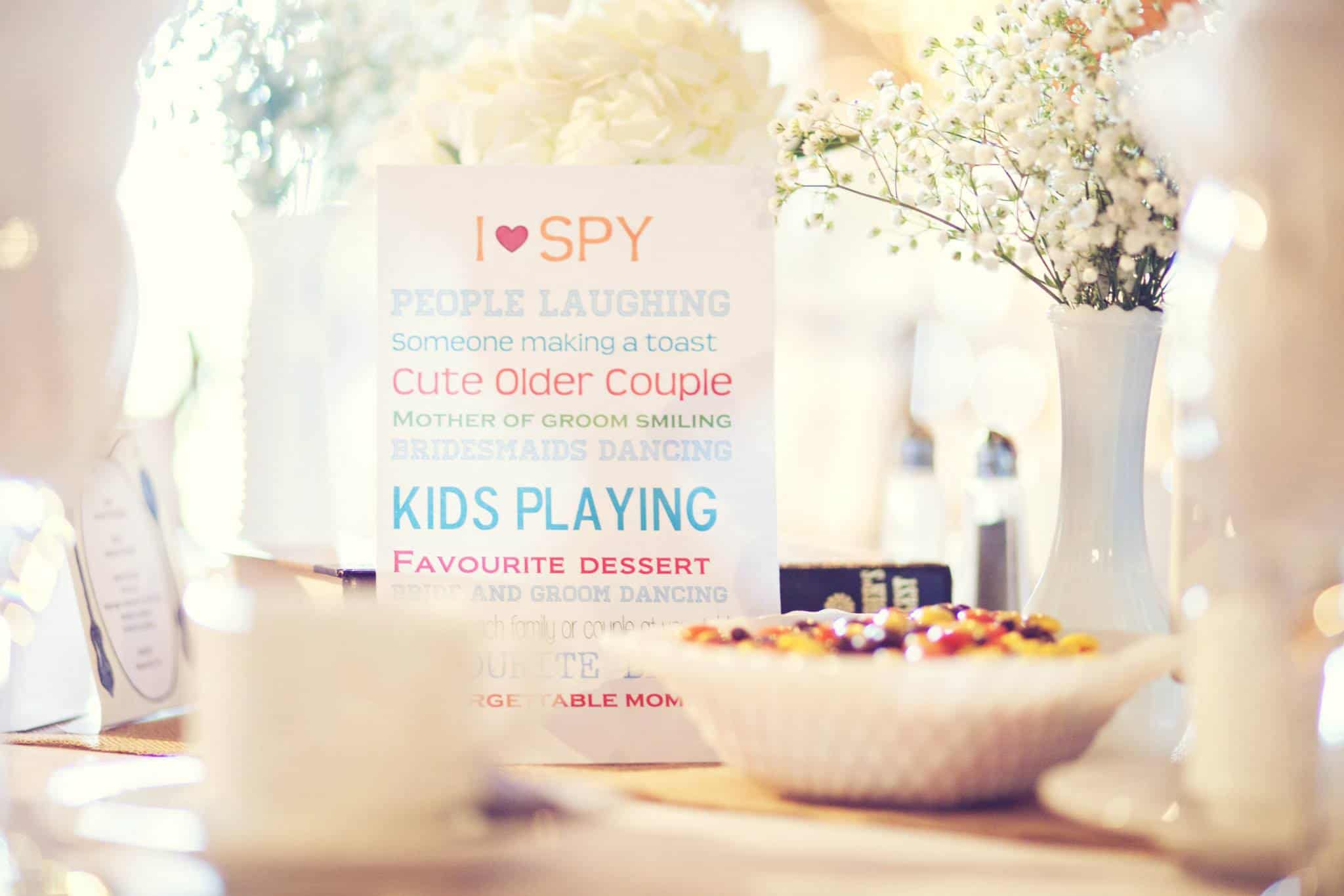 Printed card that says I Spy with ideas to get your guests to photograph your wedding day
