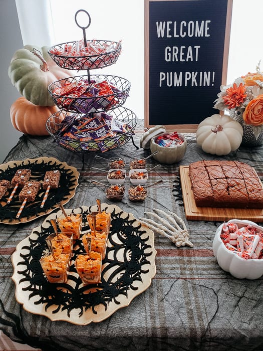 halloween themed food table with allergy free treats